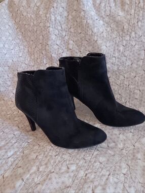Women's Black Man Made Suede Ankle Booties with Side Zip With Faux Snake Skin